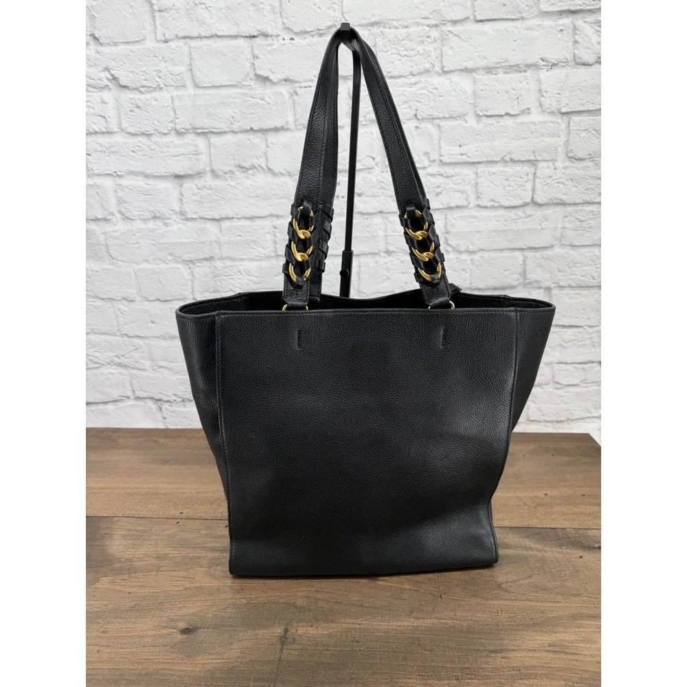 Tory Burch Brooke Black Pebbled Leather Tassel Tote Bag Gold Chain Accent Womens